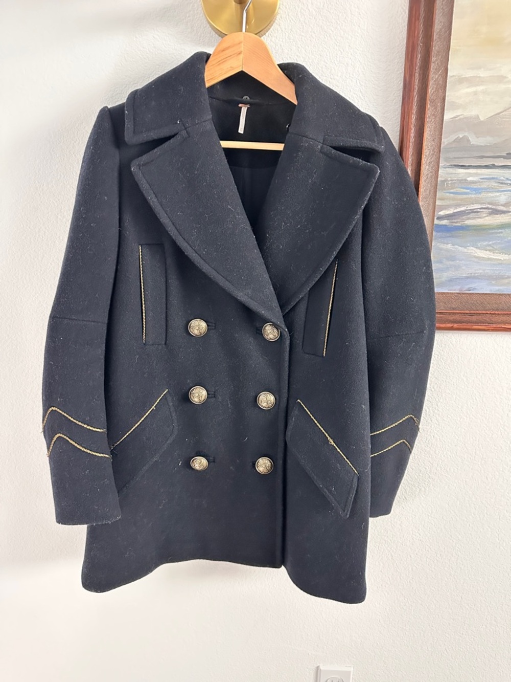 Free People - Navy Double-Breasted Peacoat with Gold Buttons